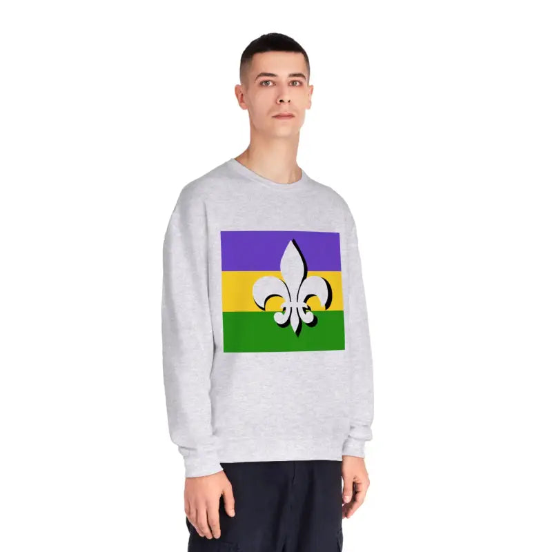 Light gray sweatshirt featuring a Mardi Gras flag design with purple, gold and green stripes and a white fleur-de-lis symbol.