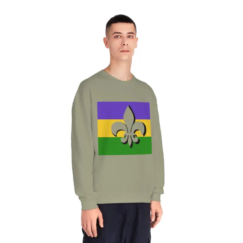 Sage green sweatshirt featuring a Mardi Gras flag design with purple, gold and green stripes and a fleur-de-lis symbol.