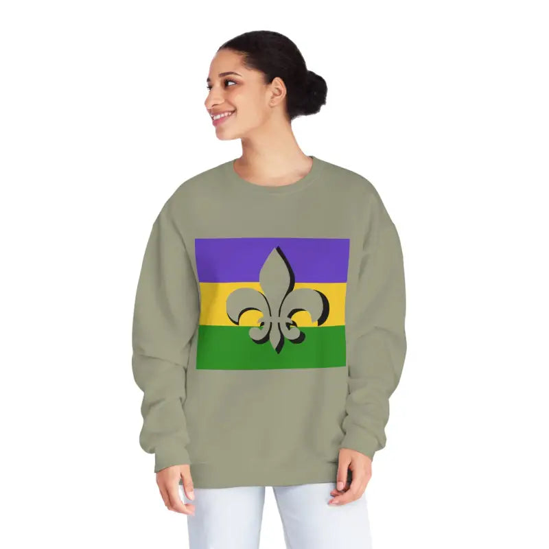 Sage green sweatshirt featuring a Mardi Gras colored fleur-de-lis design.