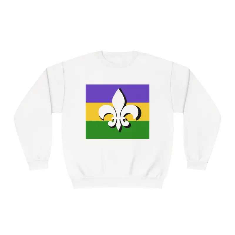 White sweatshirt featuring a Mardi Gras flag design with purple, gold, and green stripes and a fleur-de-lis symbol.