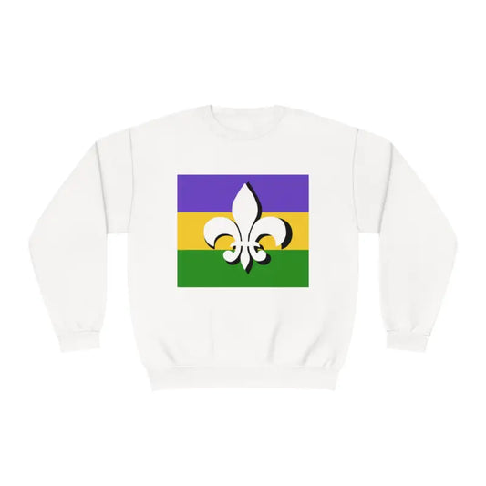 White sweatshirt featuring a Mardi Gras flag design with purple, gold, and green stripes and a fleur-de-lis symbol.