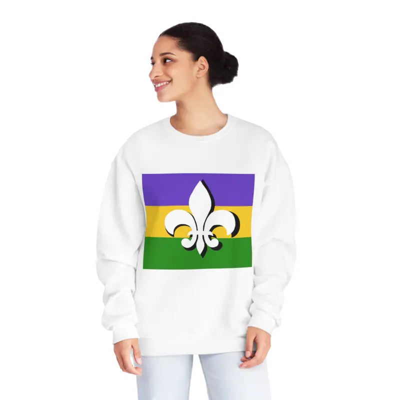 White sweatshirt featuring a Mardi Gras flag design with fleur-de-lis symbol in purple, gold, and green stripes.