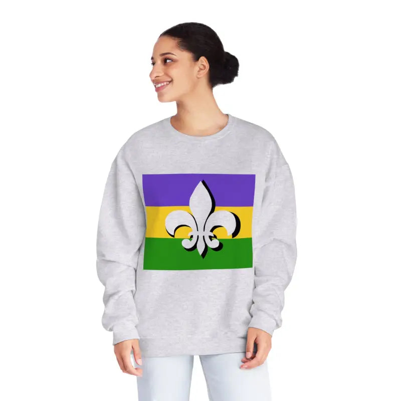 White sweatshirt featuring a Mardi Gras flag design with purple, gold, and green stripes and a fleur-de-lis symbol.