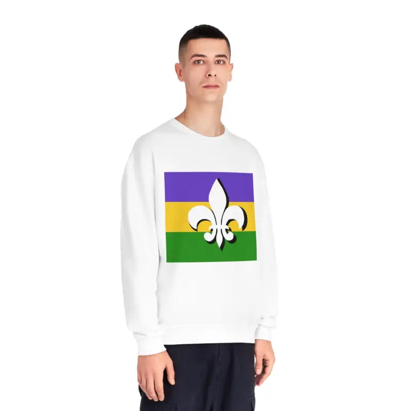 White sweatshirt featuring a Mardi Gras flag design with purple, gold and green stripes and a white fleur-de-lis symbol.