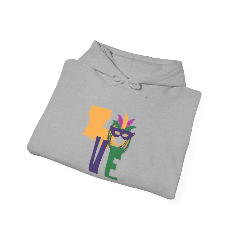 Grey hoodie with colorful ’LOVE’ text and Mardi Gras mask design.