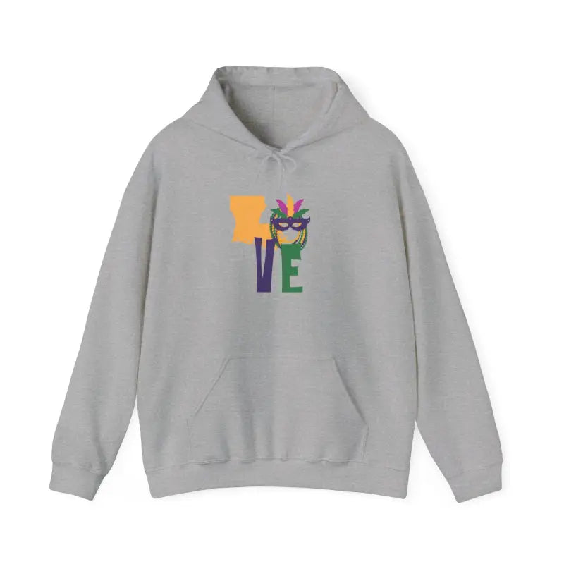 Grey hoodie sweatshirt with colorful ’LOVE’ text graphic design on the front.
