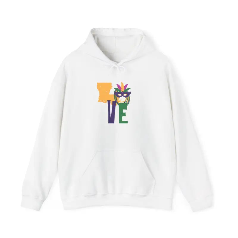 White pullover hoodie with colorful ’LOVE’ text and tropical flower design.