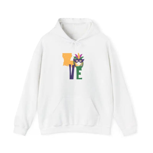 White pullover hoodie with colorful ’LOVE’ text and tropical flower design.