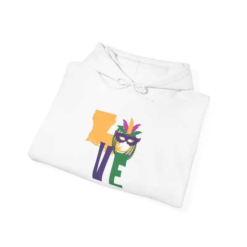 White hoodie sweatshirt with colorful ’LOVE’ text featuring a Mardi Gras mask design.