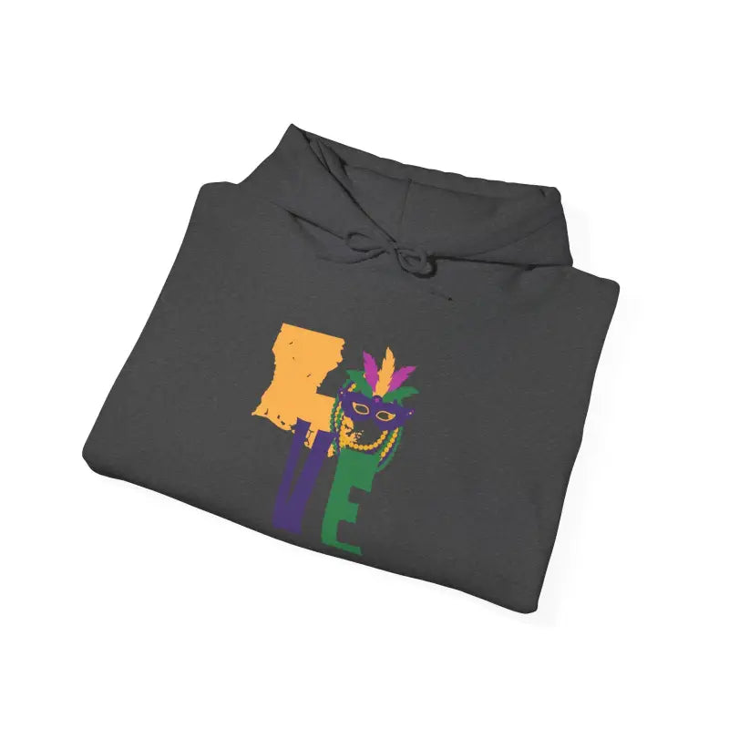 Folded dark gray hoodie with a colorful Louisiana state Mardi Gras design printed on it.