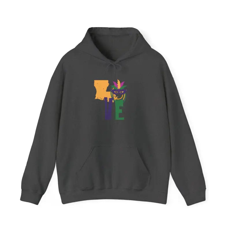 Dark gray pullover hoodie with a colorful ’LOVE’ graphic design on the front.