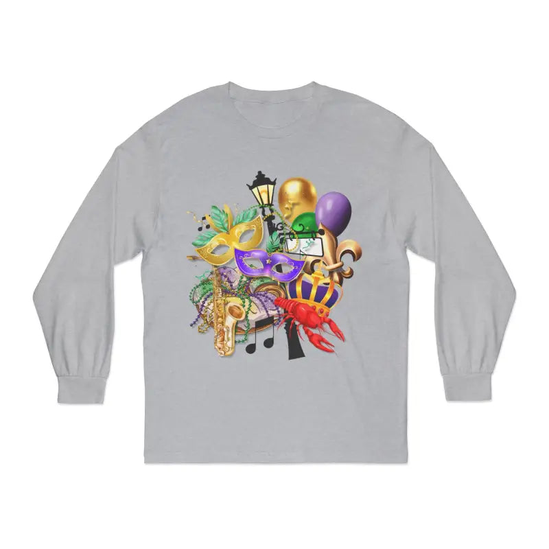 Grey long-sleeve t-shirt with colorful Mardi Gras themed artwork on the back.