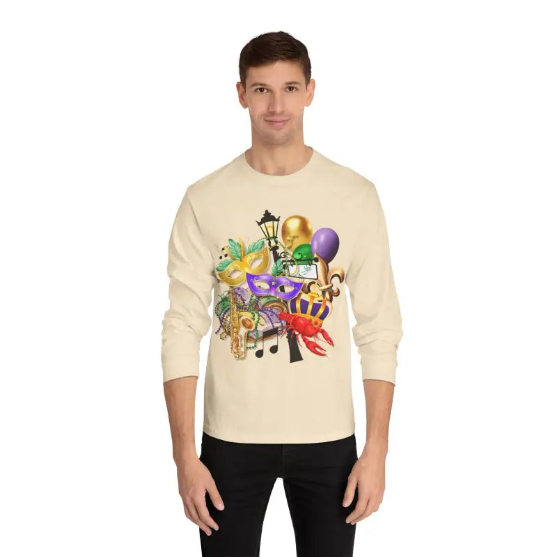 Cream-colored long sleeve sweatshirt featuring colorful cartoon characters and balloons design.