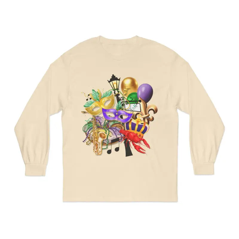 Cream-colored long sleeve t-shirt with a colorful carnival-themed graphic design featuring balloons, music notes, and festive elements.