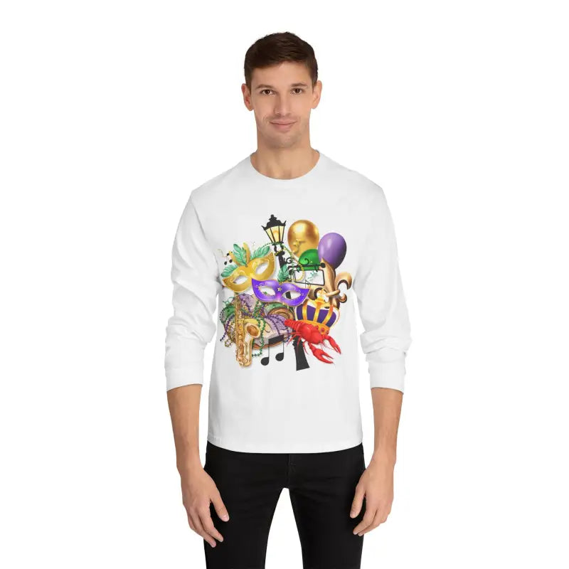 White long-sleeve t-shirt with colorful party-themed cartoon graphics featuring balloons and musical notes.