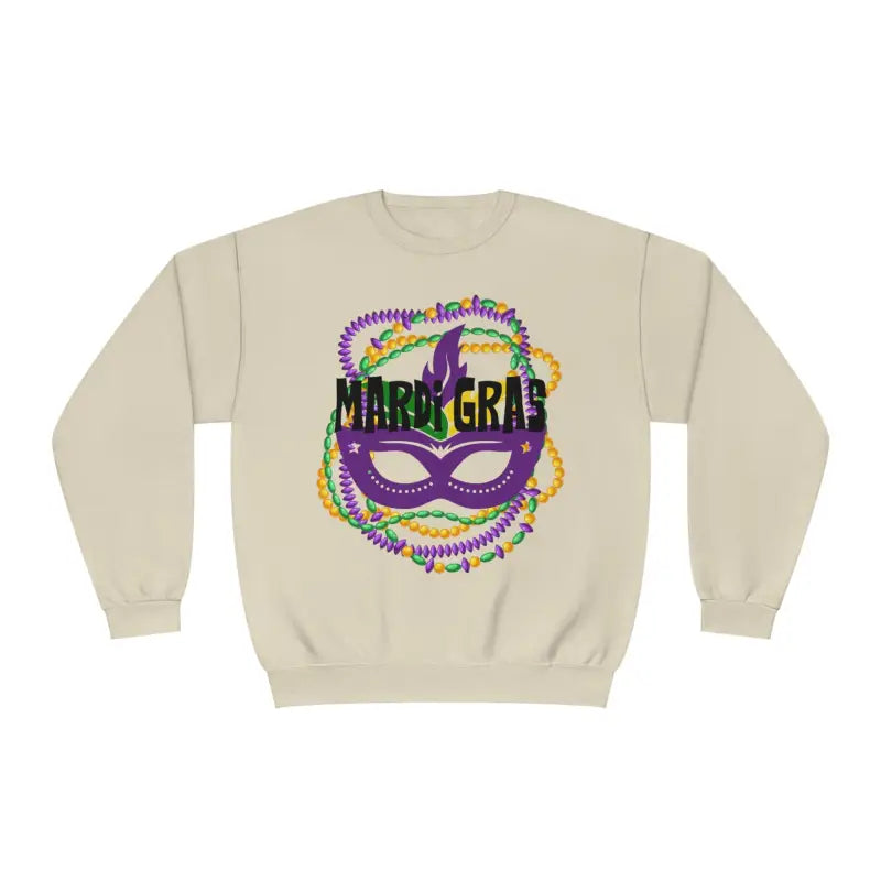 Beige sweatshirt featuring a Mardi Gras mask design with purple, green and gold beads.