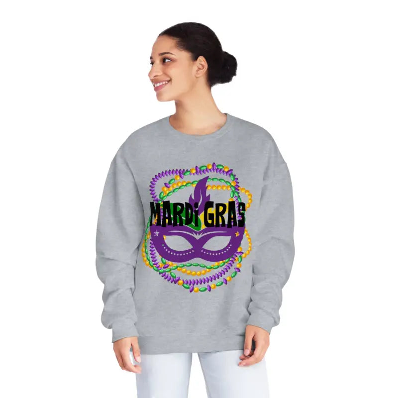 Grey sweatshirt featuring a colorful Mardi Gras mask design with beaded decorations.