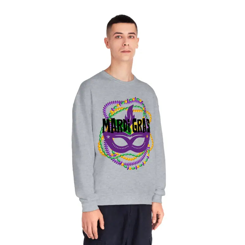 Grey sweatshirt featuring a colorful Mardi Gras carnival mask design with beads and text.