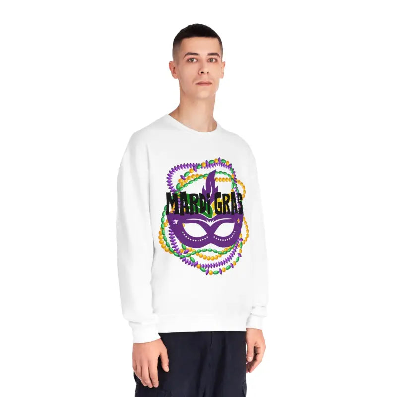White sweatshirt with colorful Mardi Gras mask and beads design printed on the front.
