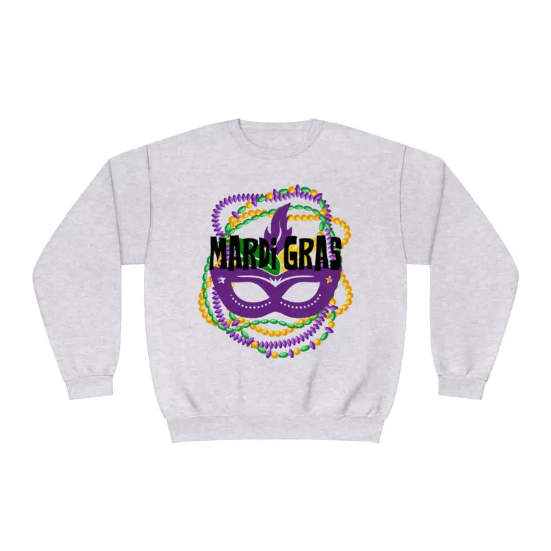 Light gray sweatshirt with a Mardi Gras mask and beads design printed on the front.