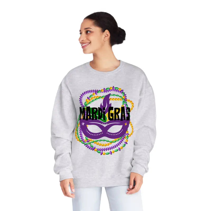 Light gray sweatshirt featuring a Mardi Gras design with a purple mask and colorful beads.