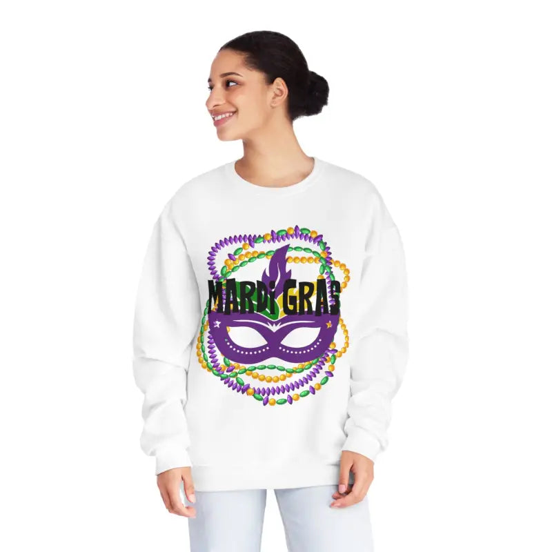 White sweatshirt featuring a Mardi Gras design with a purple mask and colorful beaded necklaces.