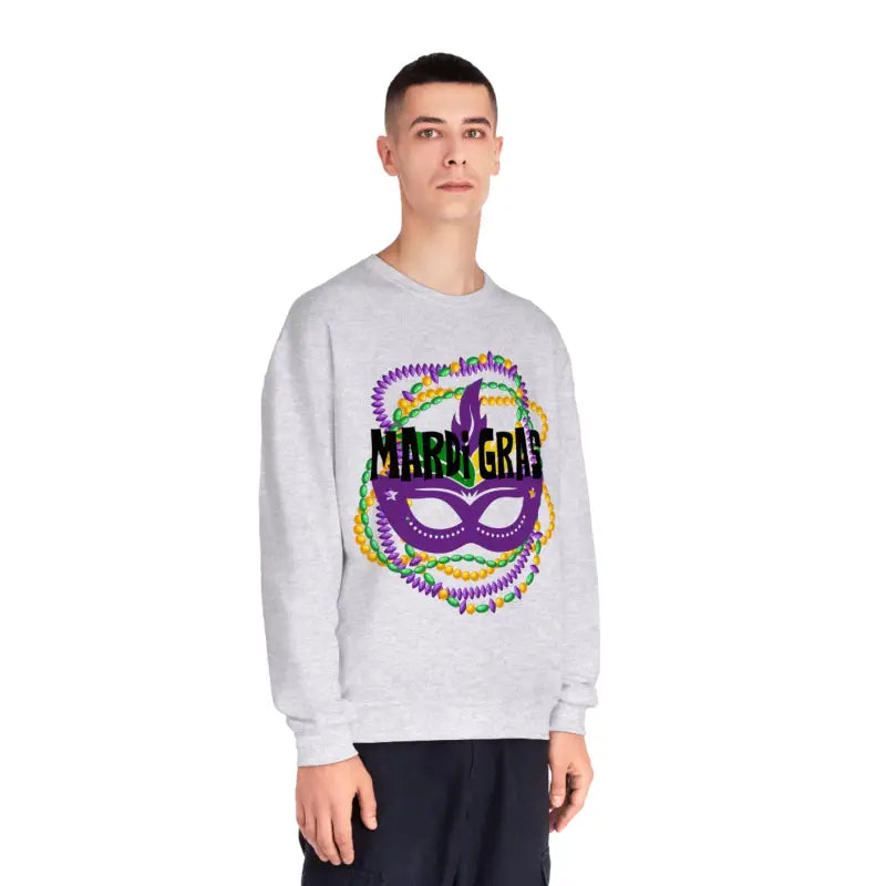 Light gray sweatshirt featuring a colorful Mardi Gras mask and beads design.
