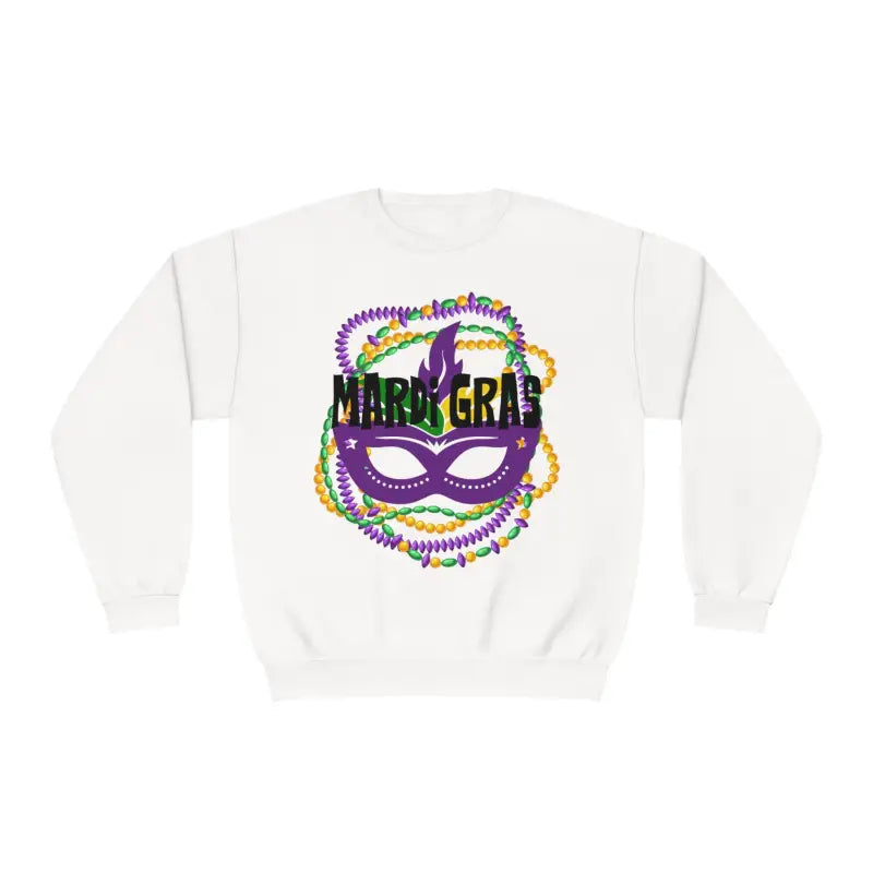 White sweatshirt featuring a Mardi Gras mask design with purple, green and gold beads.