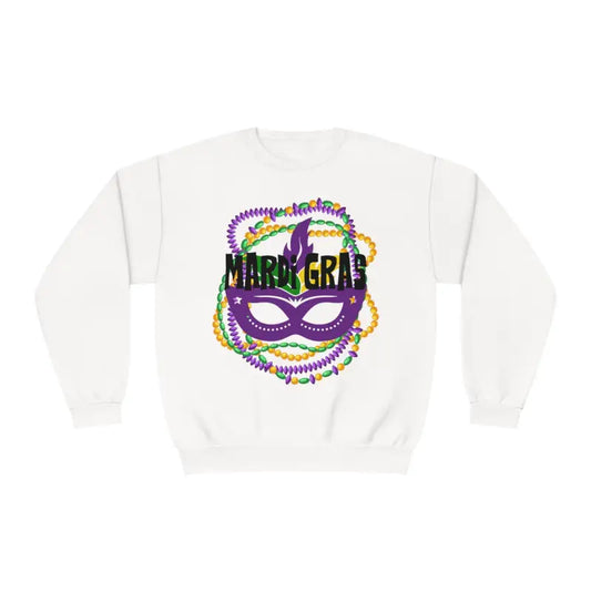 White sweatshirt featuring a Mardi Gras mask design with purple, green and gold beads.