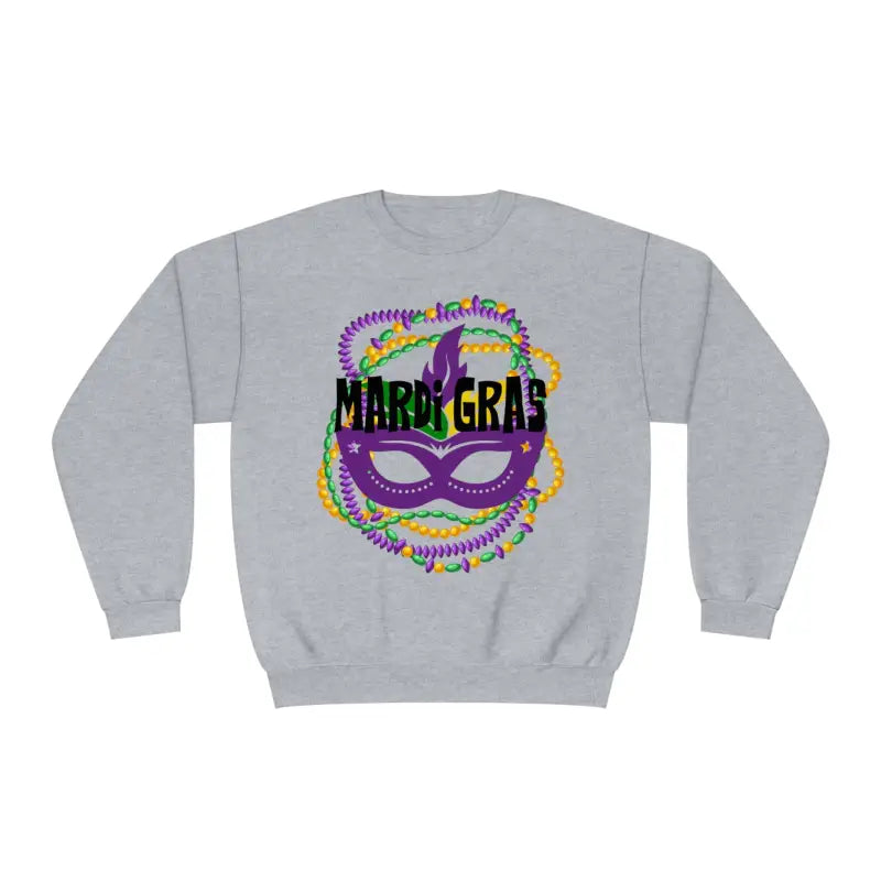Grey sweatshirt with a colorful Mardi Gras mask and beads design.