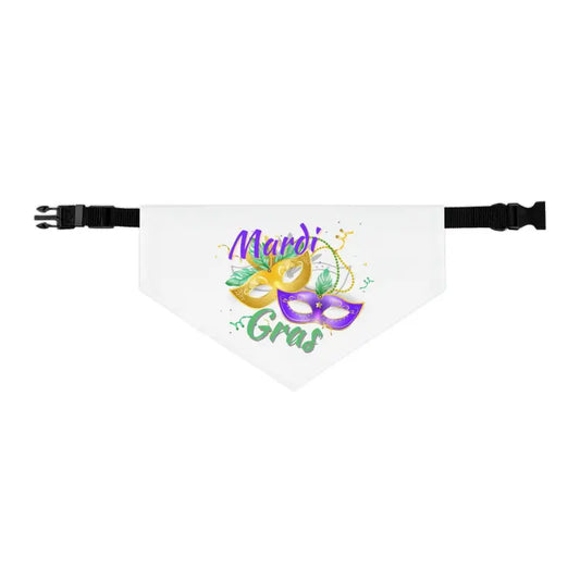 White bandana with colorful ’Mardi Gras’ text and mask design featuring purple, green, and gold accents.