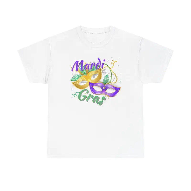 White t-shirt with colorful Mardi Gras mask design and text.