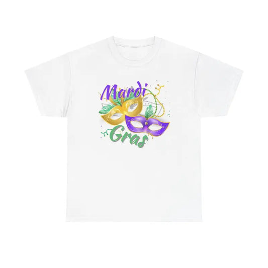 White t-shirt with colorful Mardi Gras mask design and text.