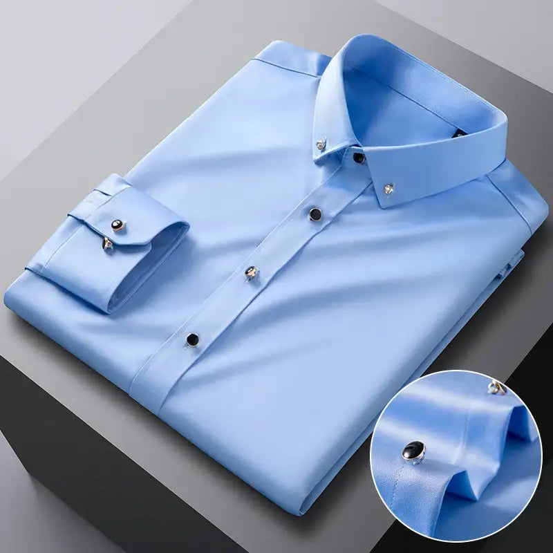 Light blue dress shirt with decorative buttons.