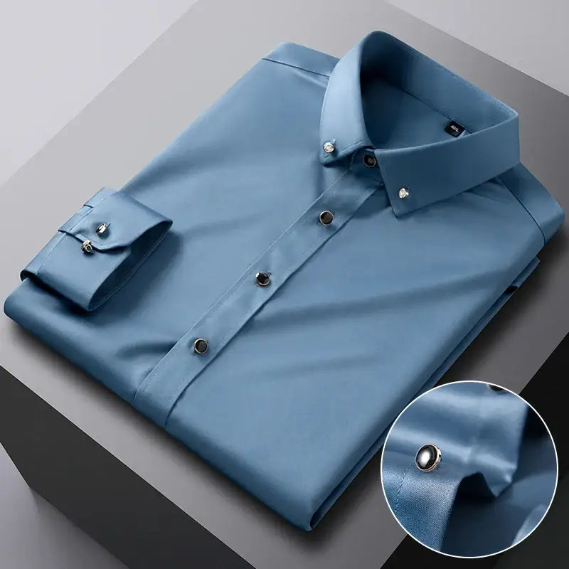 Blue dress shirt with decorative buttons.