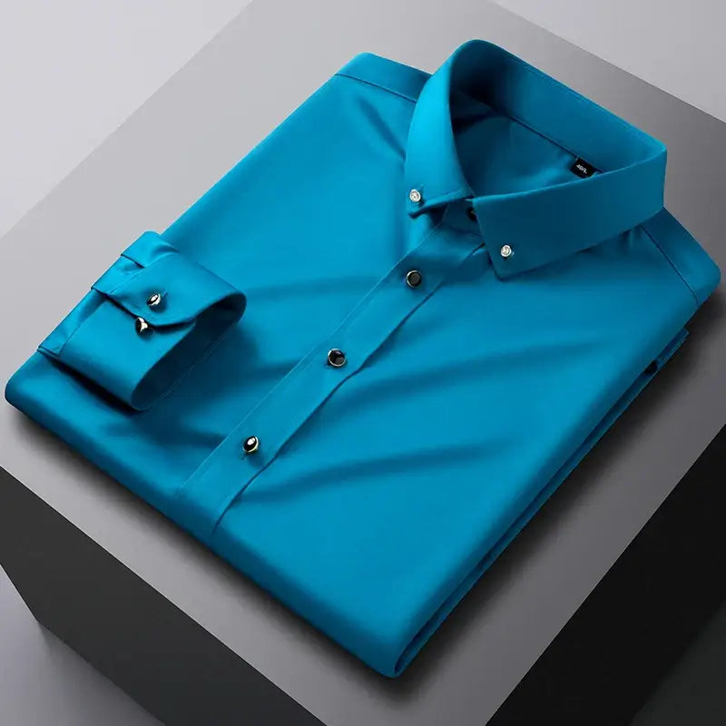 Turquoise button-down shirt.