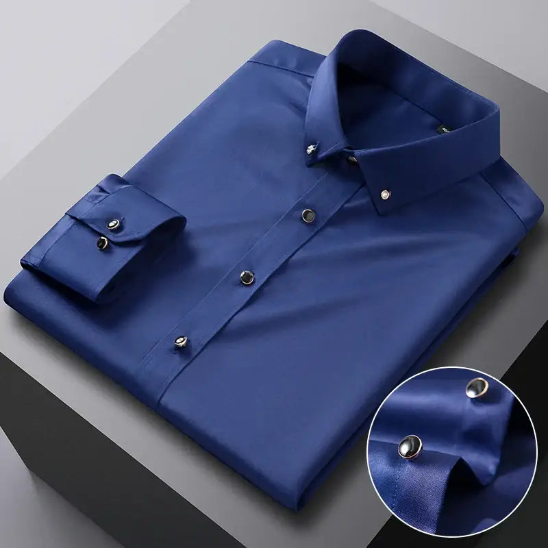 Blue dress shirt with metal buttons.