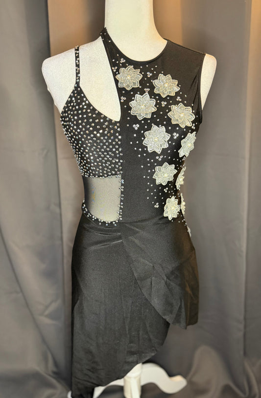 Midnight Bloom – Adult Small Black Dance Costume with Floral & Rhinestone Accents