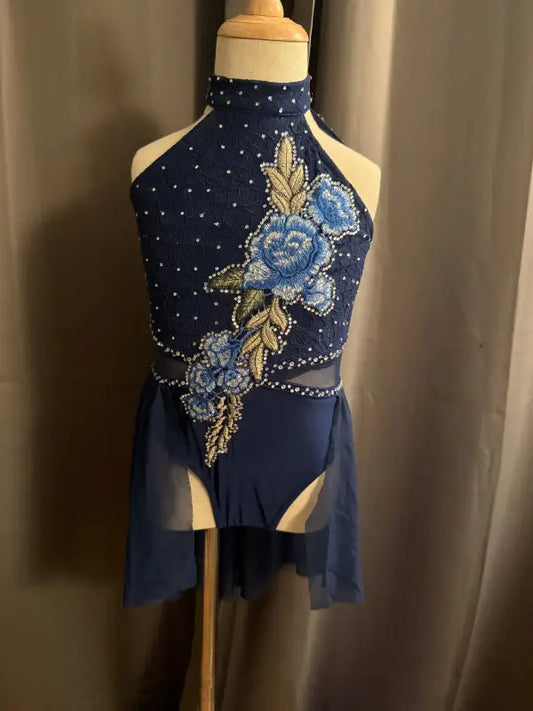 Navy blue floral dance costume.