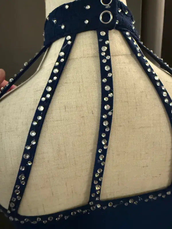 Blue jeweled halter dress back.