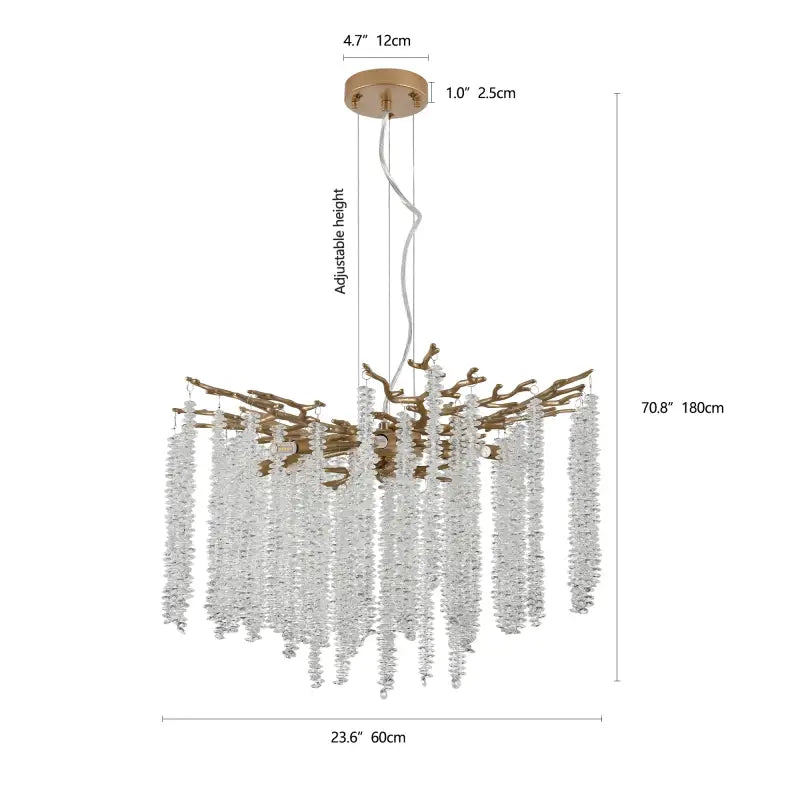 Gold chandelier with crystal strands.