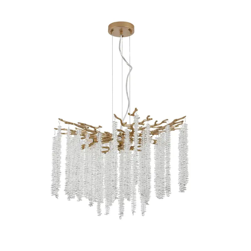 Gold branch chandelier with crystal strands.
