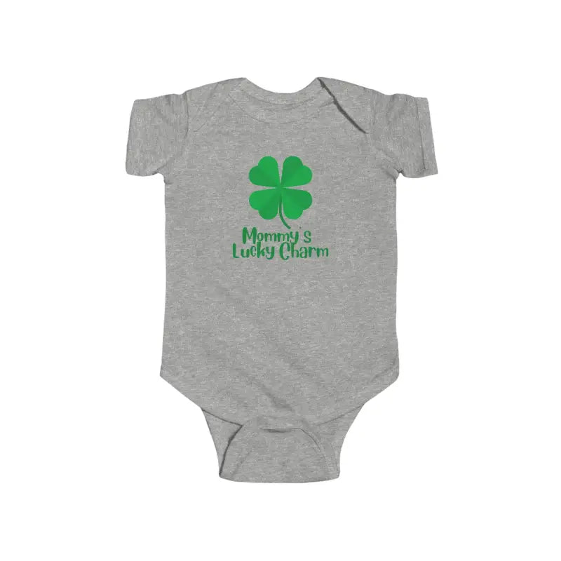 Gray baby onesie with a green four-leaf clover and ’Mommy’s Lucky Charm’ text design.