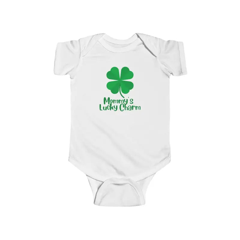White baby onesie with a green four-leaf clover and ’Mommy’s Lucky Charm’ text.