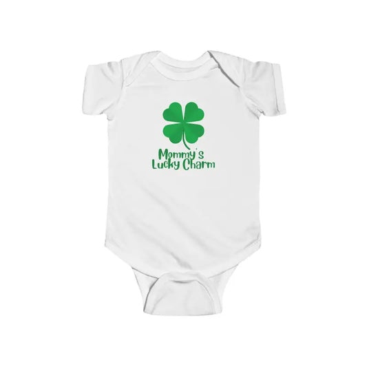 White baby onesie with a green four-leaf clover and ’Mommy’s Lucky Charm’ text.