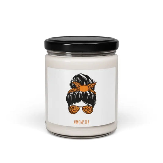 White candle jar with a messy bun hairstyle and leopard print sunglasses illustration on the label.