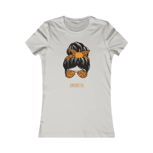 Light gray t-shirt with a messy bun hairstyle and sunglasses design in black and orange.