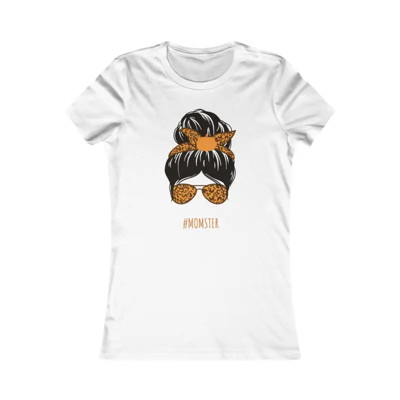 White t-shirt featuring a messy bun hairstyle graphic with orange bandana and sunglasses design.