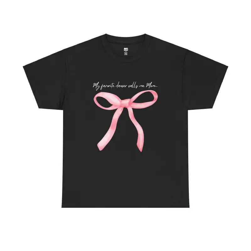 Black t-shirt featuring a pink bow design and text.