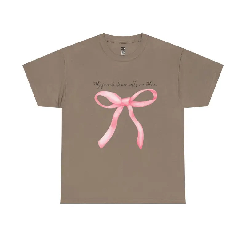 Brown t-shirt featuring a pink bow design and text.